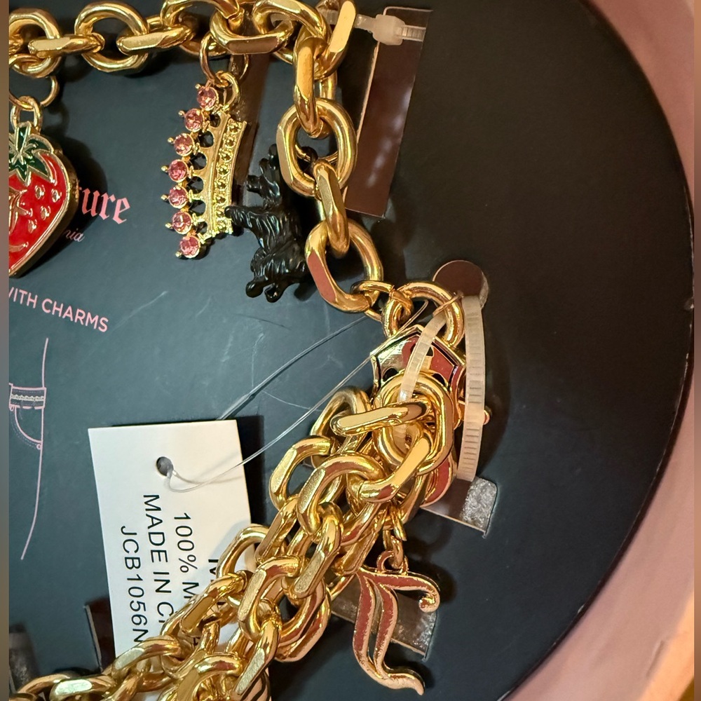 Juicy Couture Los Angeles NWT Sz M/L Gold Tone Chunky Chain Charm Metal Belt - Picture 4 of 6